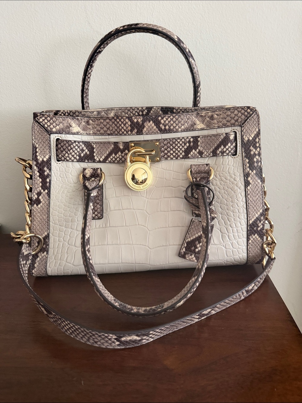 Croc-Embossed Satchel with Snake-Print Trim in Cream and Taupe